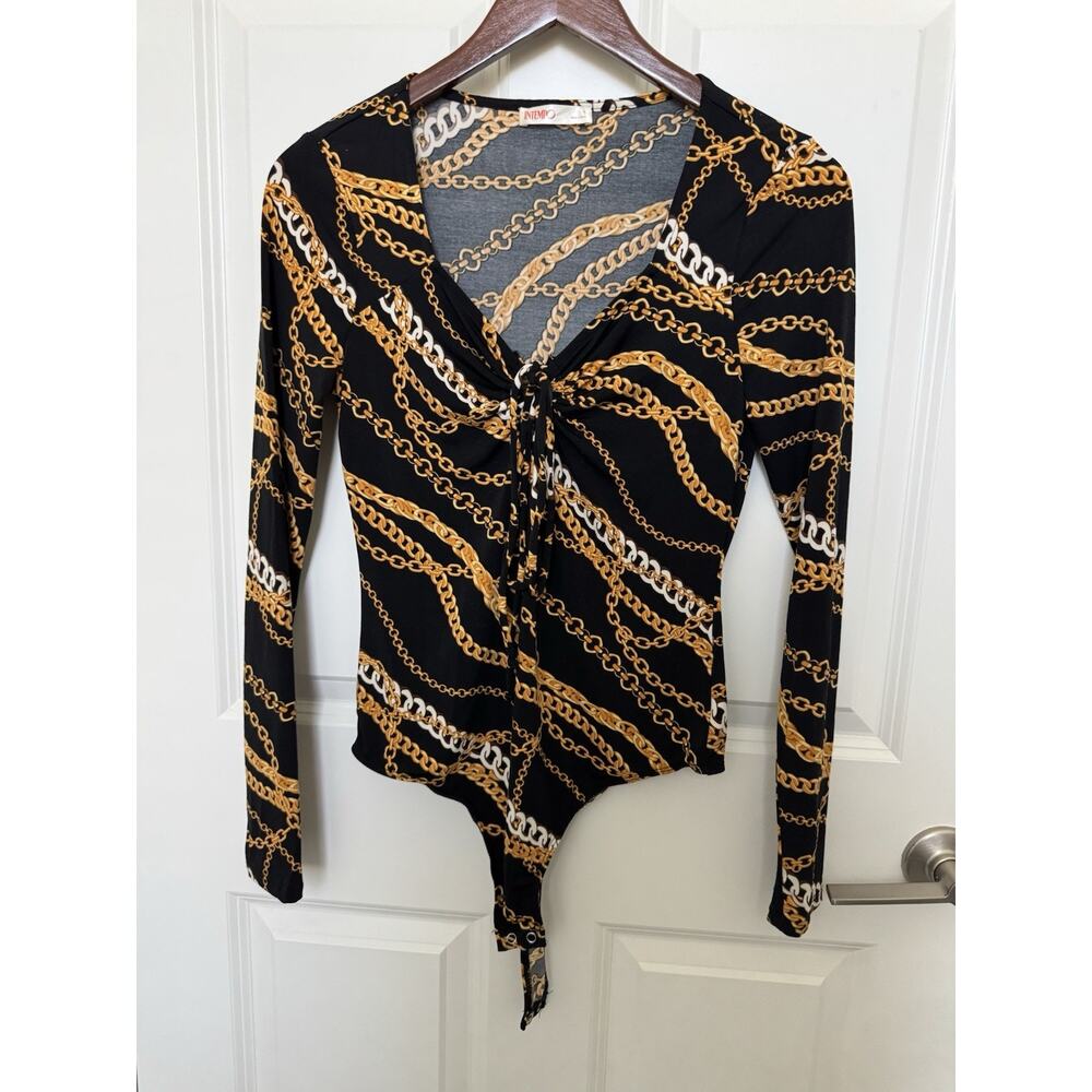 Y2K 90s Bodysuit Medium Black Gold Chain Print Halter Neckline Keyhole A